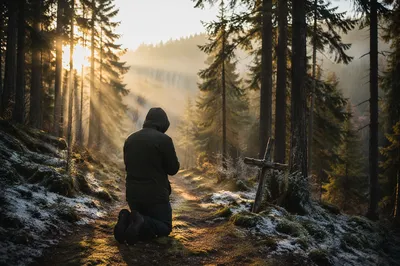 Kneeling Prayer at Winter Evergreen Dawn