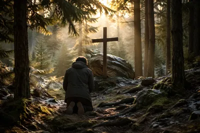 Kneeling Prayer in Evergreen Forest