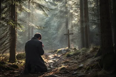 Kneeling Prayer Beneath Evergreen Morning Mist