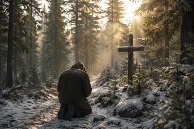 Kneeling Prayer on Evergreen Forest Path