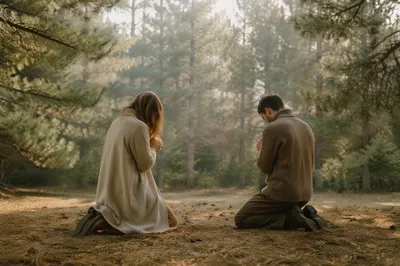 Two People Kneeling in Pine Grove Prayer