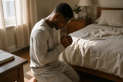 Young Man Kneeling in Sunlit Bedroom