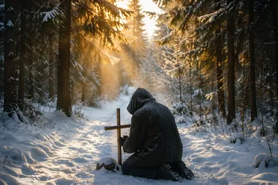 Kneeling Prayer Beneath Winter Evergreens