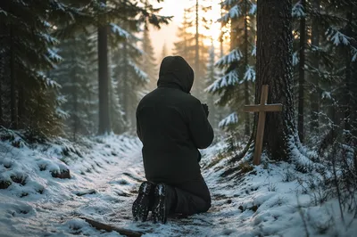 Kneeling Prayer on Snowy Evergreen Path