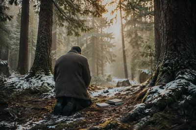 Kneeling Prayer in Evergreen Forest Dawn