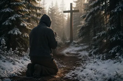 Kneeling Prayer on Snowy Evergreen Path