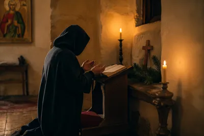 Kneeling Figure in Candlelit Chapel Prayer