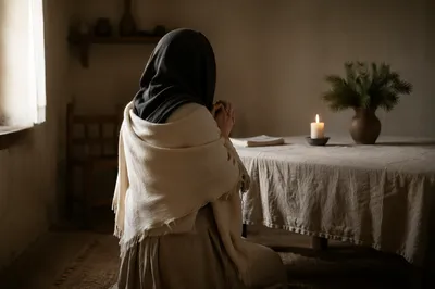Humble Kneeling Prayer with Evergreen Candle