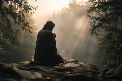 Kneeling Prayer in Misty Evergreen Forest