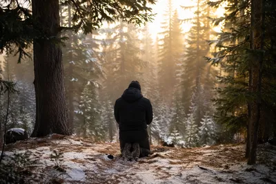 Kneeling Prayer in Evergreen Winter Forest
