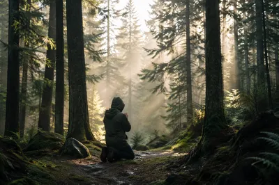 Kneeling Prayer in Misty Evergreen Forest