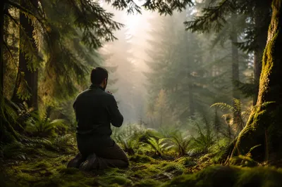 Kneeling Prayer in Misty Evergreen Forest