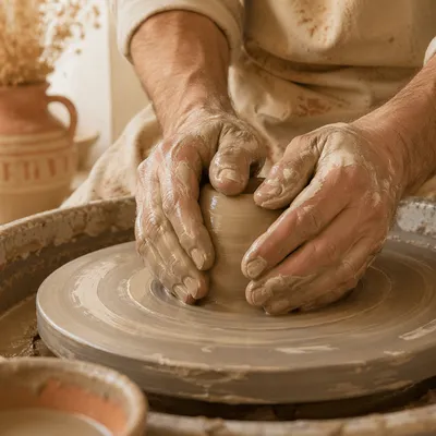 Potter Hands Shaping Clay on Wheel