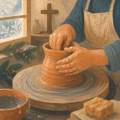 Potter Hands Shaping Clay With Cross