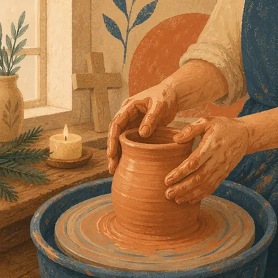 Potter Hands Shaping Clay with Evergreen