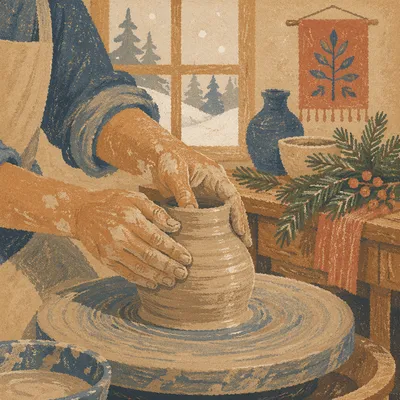 Potter Hands Shaping Clay With Evergreen