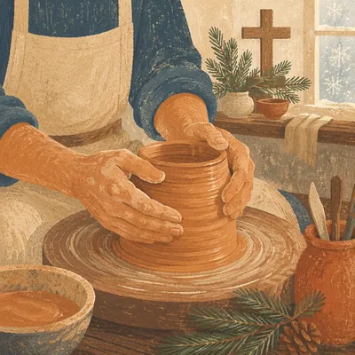 Potter Hands Shaping Clay in Winter Light