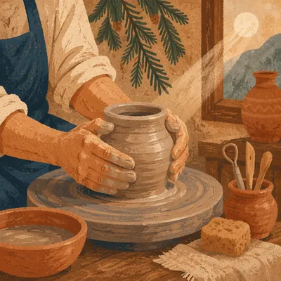 Potter Hands Shaping Clay with Evergreen Hope