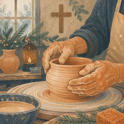 Potter Hands Shaping Clay with Evergreen Cross