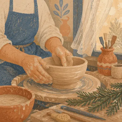 Potter Hands Shaping Clay With Evergreen