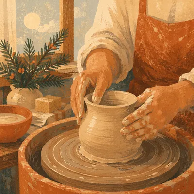 Potter Hands Shaping Clay with Evergreen Light