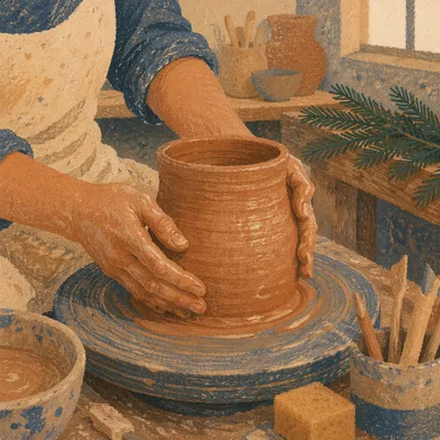 Potter Hands Shaping Clay with Evergreen