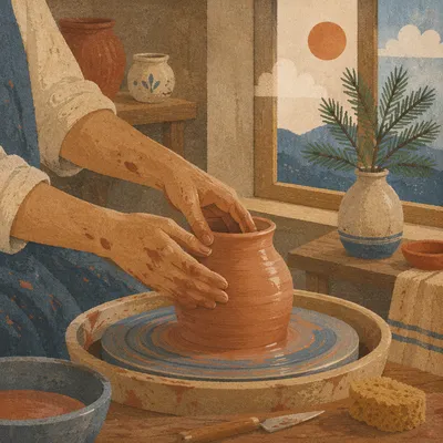 Potter Hands Shaping Clay in Morning Light
