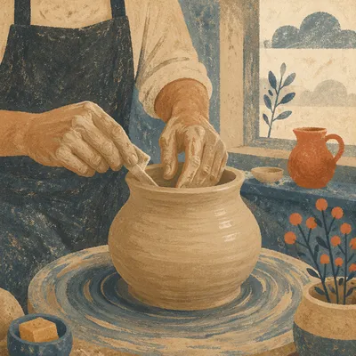 Potter Hands Shaping Clay on Wheel