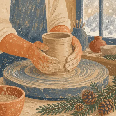 Potter Hands Shaping Clay with Evergreen Hope