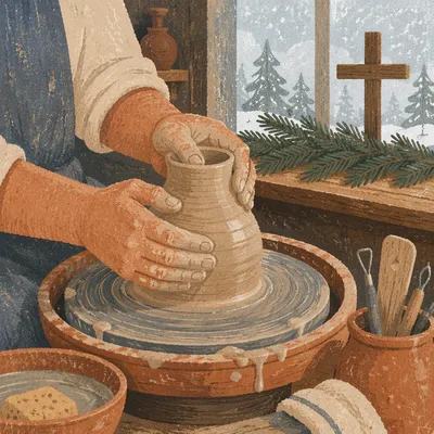 Potter Hands Shaping Clay With Evergreen Faith