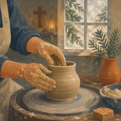 Potter Hands Shaping Clay in Rustic Studio