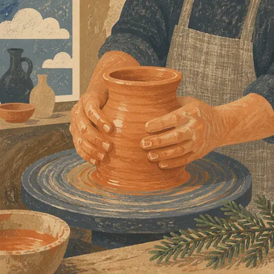 Potter Hands Shaping Clay with Evergreen Hope