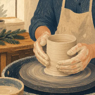 Potter Hands Shaping Clay with Evergreen Hope