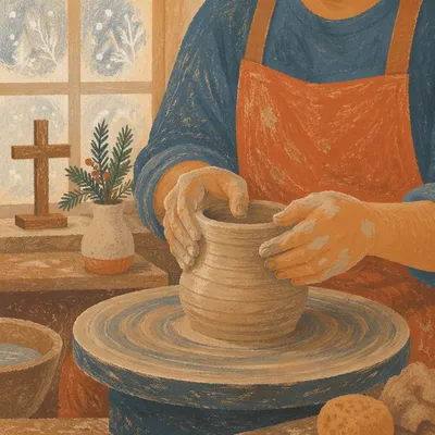 Potter Hands Shaping Clay with Evergreen Hope