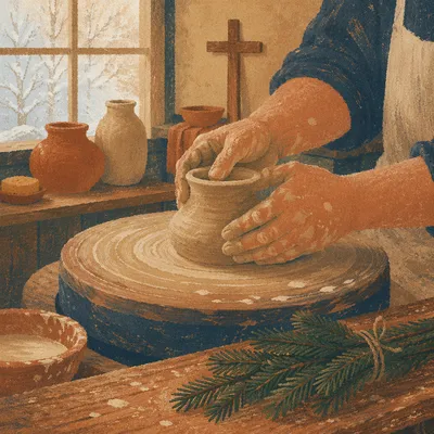 Potter Hands Shaping Clay with Evergreen