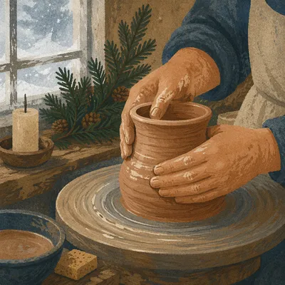 Potter Hands Shaping Clay with Evergreen
