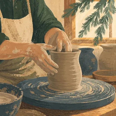 Potter Hands Shaping Clay with Evergreen Hope