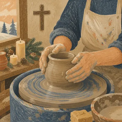 Potter Hands Shaping Clay with Evergreen Hope