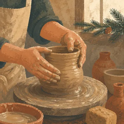 Potter Hands Shaping Clay with Evergreen Hope