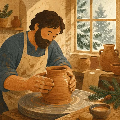 Potter Hands Shaping Clay with Evergreen Light