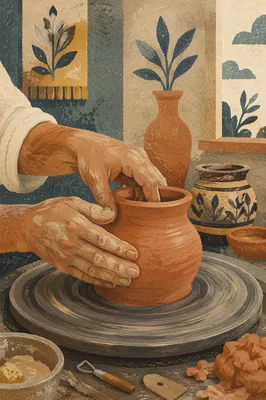 Potter Hands Shaping Terracotta Clay Vessel