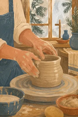 Potter Hands Shaping Clay with Evergreen Light