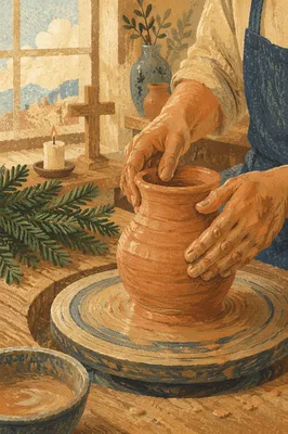 Potter Hands Shaping Clay with Evergreen