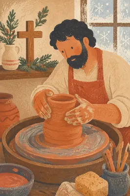 Potter Hands Shaping Clay with Evergreen Cross