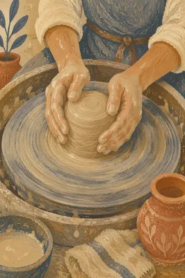 Potter Hands Shaping Clay on Wheel