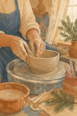 Potter Hands Shaping Clay with Evergreen