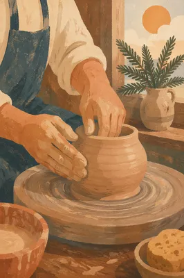 Potter Hands Shaping Clay with Evergreen Light
