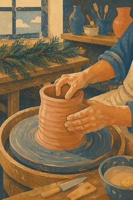 Potter Hands Shaping Clay with Evergreen