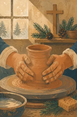 Potter Hands Shaping Clay with Evergreen Hope