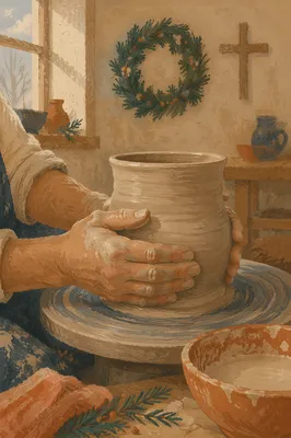 Potter Hands Shaping Clay with Evergreen Faith